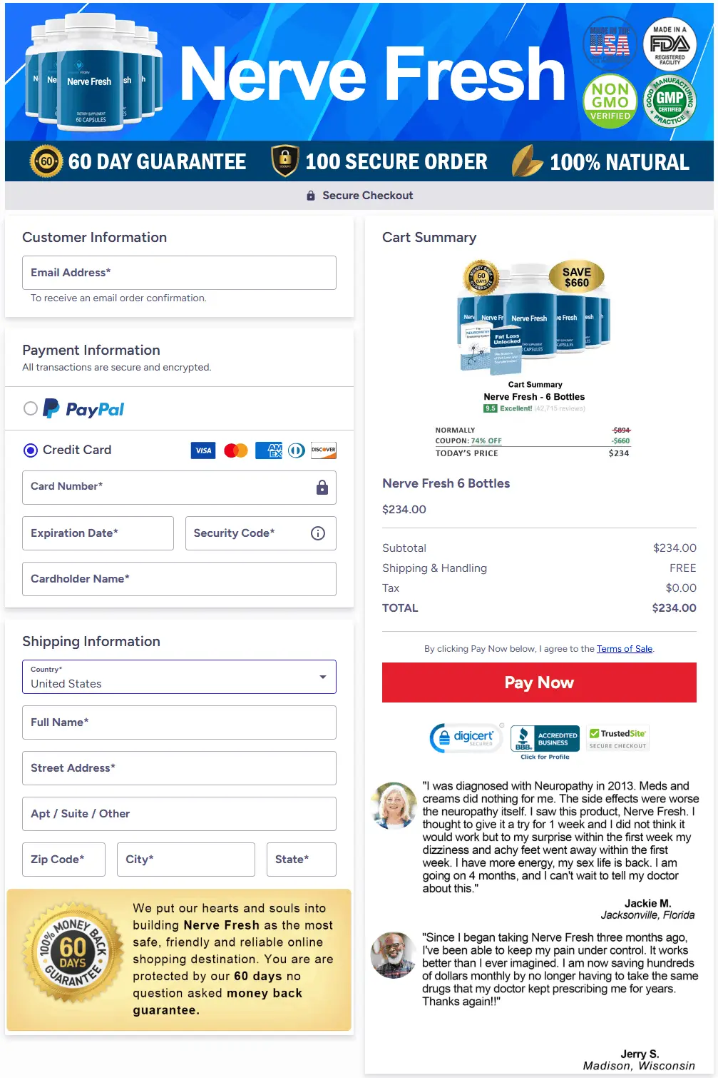 secure nerve fresh supplement checkout page with multiple payment options